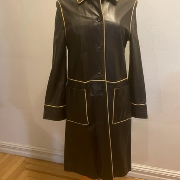 Rare vintage Mark Eisen collection brown leather coat with light tan piping - Picture 1 of 9